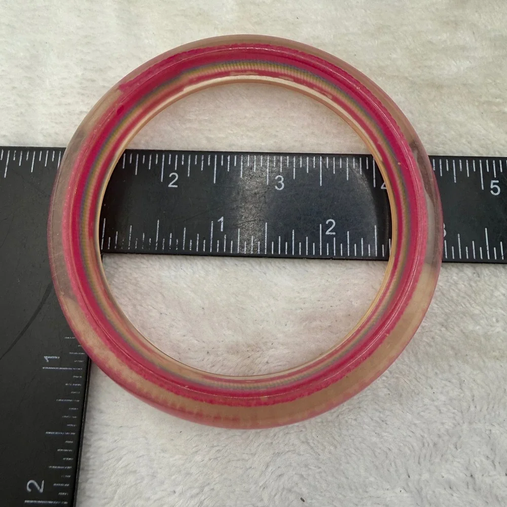Vintage Bangle Bracelet Pink Striped Fabric Inlay Acrylic Retro 80s 8.5